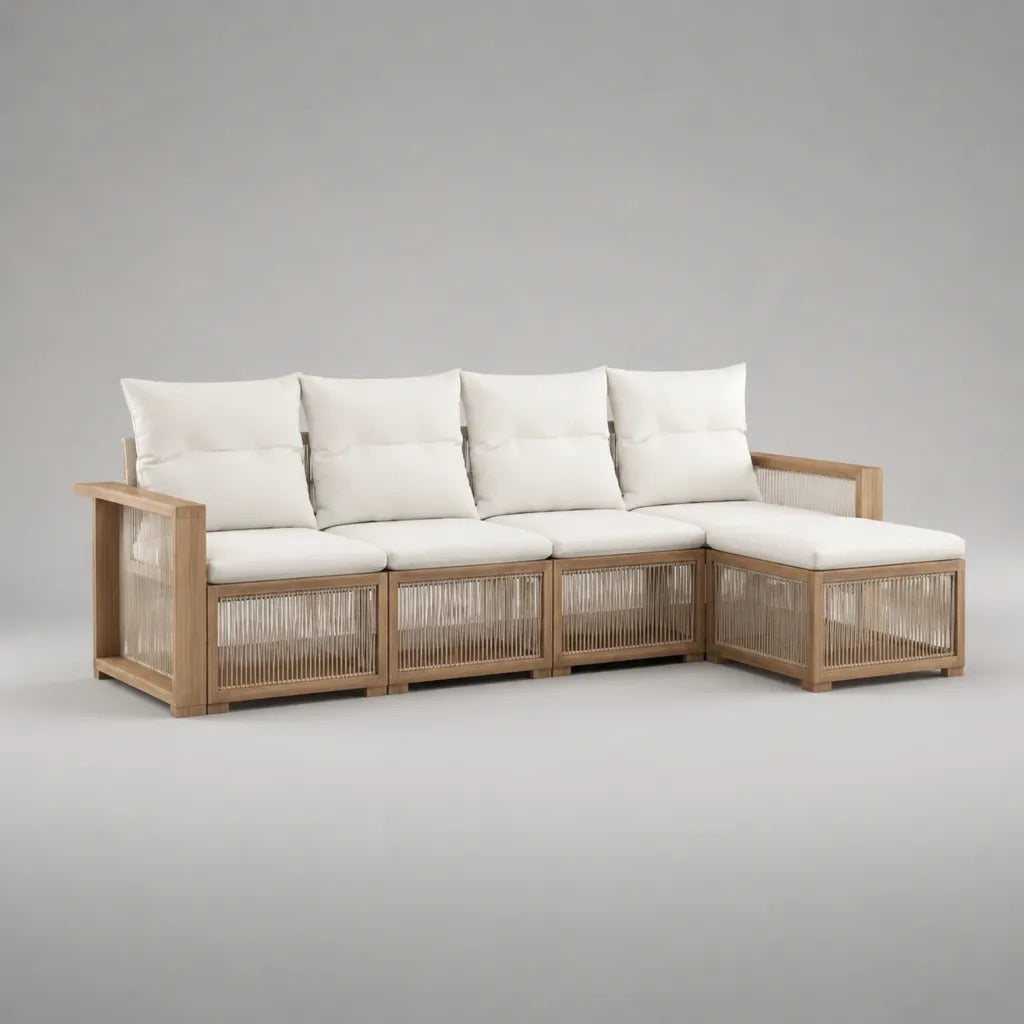 Divano angolare modulare da esterno a 4 posti in legno e corda con penisola destra, beige naturale e bianco crema, 280 x 150 x 78 cm