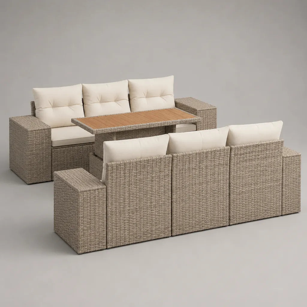 Set da esterno 3 pezzi in rattan PE beige con 2 divani a 3 posti 190 x 75 x 74 cm, cuscini crema e tavolo 145 x 75 x 65 cm