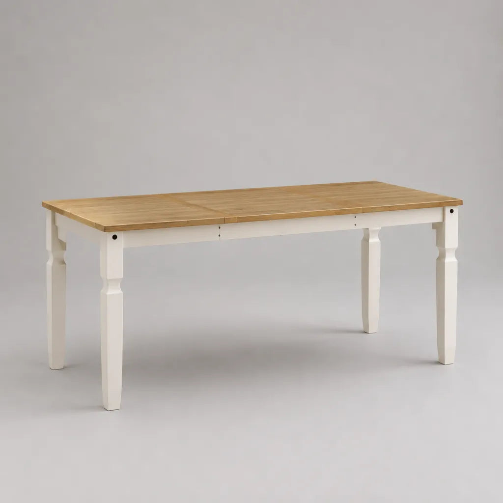 Tavolo da pranzo allungabile rettangolare in legno massello di pino naturale e bianco, 160-200 × 90 × 76 cm