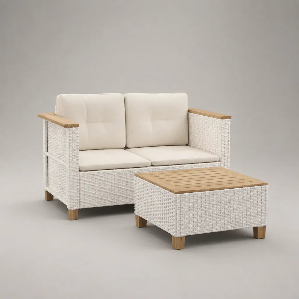 Set da giardino per esterno con divano a 2 posti e tavolino in polyrattan PE bianco, cuscini beige, 126 × 70 × 78 cm e 80 × 50 × 37 cm