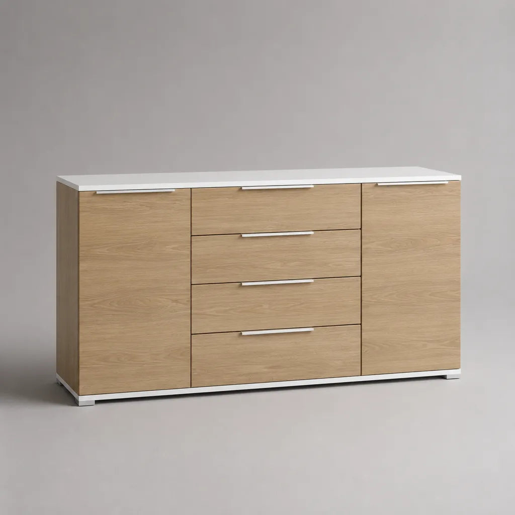 Credenza rettangolare in pannello truciolare melaminico con 2 ante e 4 cassetti, rovere naturale e bianco, 160 x 40 x 85 cm