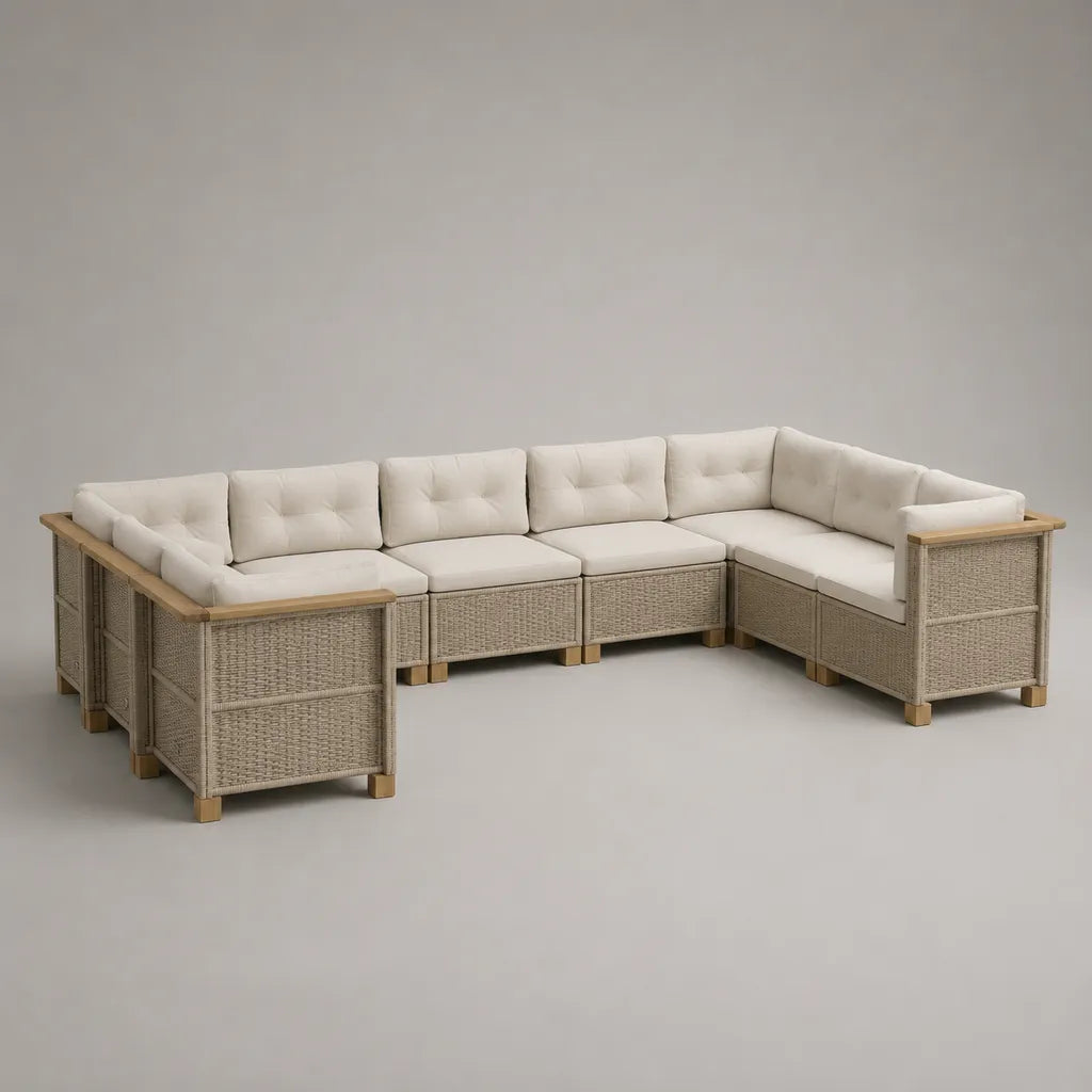 Divano modulare da esterno a U a 5 posti in rattan PE, acciaio e legno con cuscini beige, 288 × 218 × 76 cm