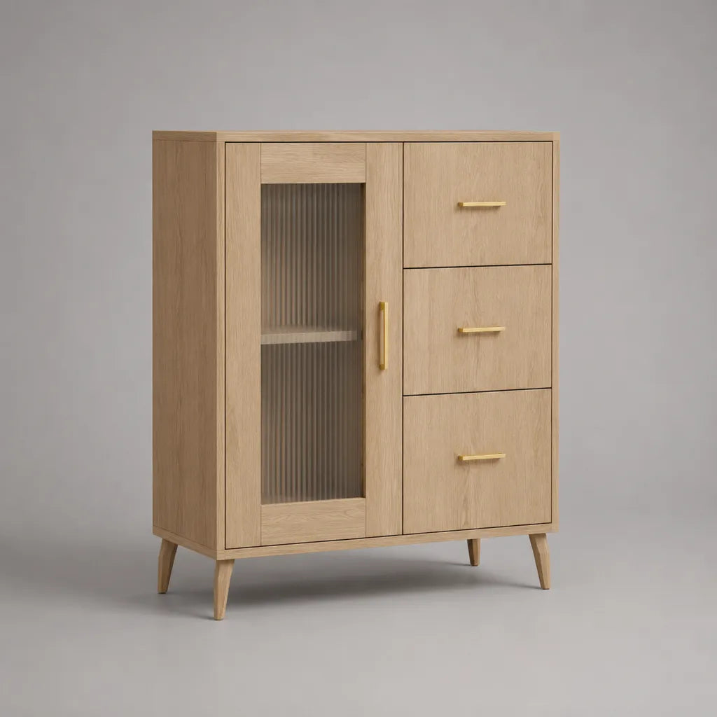 Credenza alta rettangolare in MDF impiallacciato rovere con anta in vetro scanalato e 3 cassetti, rovere naturale e oro, 90 × 40 × 115 cm