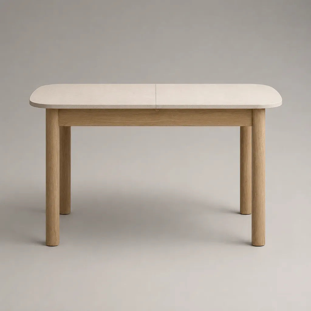 Tavolo da pranzo allungabile rettangolare in MDF e legno massello, avorio e rovere naturale, 120-160 x 80 x 75 cm