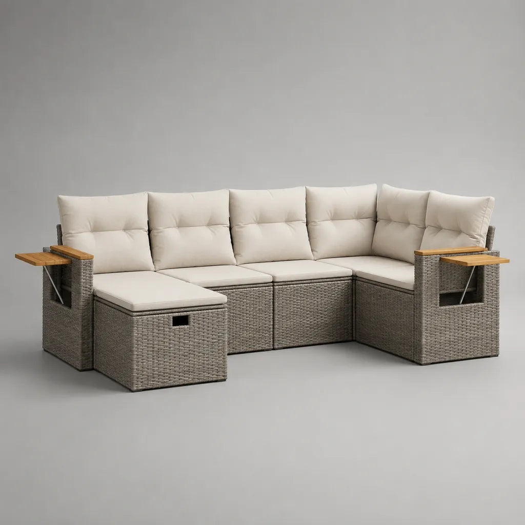 Set divano angolare modulare da giardino a 6 posti con pouf in polyrattan, metallo e legno, grigio tortora e beige, 257 × 193 × 74 cm