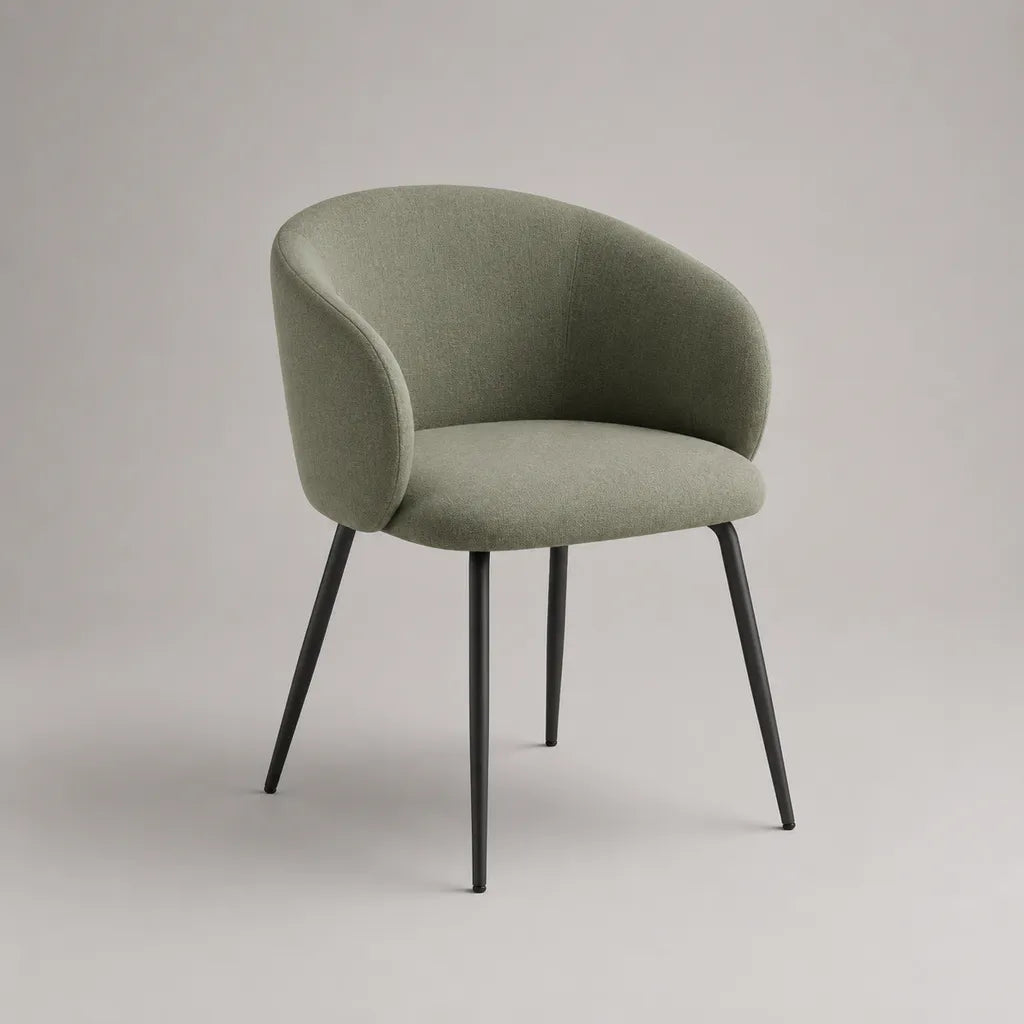 Sedia da pranzo imbottita in tessuto verde salvia con braccioli e gambe in acciaio nero, 57 x 58 x 78 cm