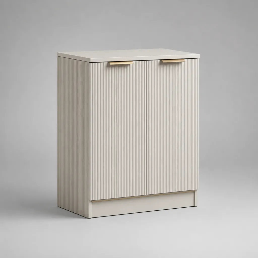Credenza a 2 ante in MDF scanalato bianco con maniglie color oro, 80 × 40 × 100 cm