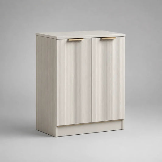 Credenza a 2 ante in MDF scanalato bianco con maniglie color oro, 80 × 40 × 100 cm