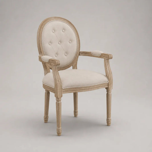 Sedia da pranzo con braccioli, schienale ovale, struttura in faggio massello e rivestimento in poliestere beige, 61 × 61 × 97 cm