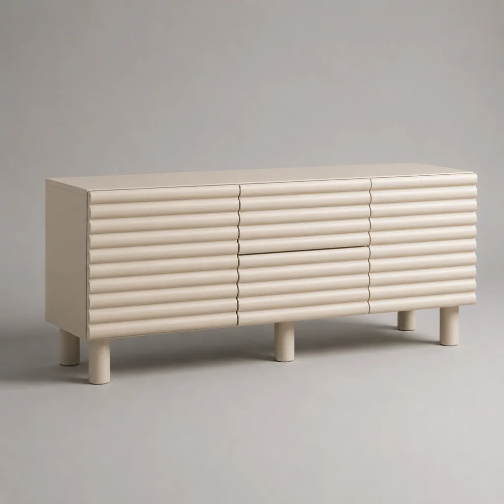 Credenza rettangolare in legno avorio con 2 ante, 2 cassetti e 6 gambe, 150 x 40 x 80 cm