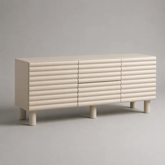 Credenza rettangolare in legno avorio con 2 ante, 2 cassetti e 6 gambe, 150 x 40 x 80 cm