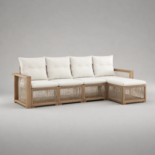 Divano angolare modulare da esterno a 4 posti in legno e corda con penisola destra, beige naturale e bianco crema, 280 x 150 x 78 cm