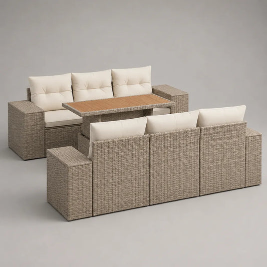 Set da esterno 3 pezzi in rattan PE beige con 2 divani a 3 posti 190 x 75 x 74 cm, cuscini crema e tavolo 145 x 75 x 65 cm