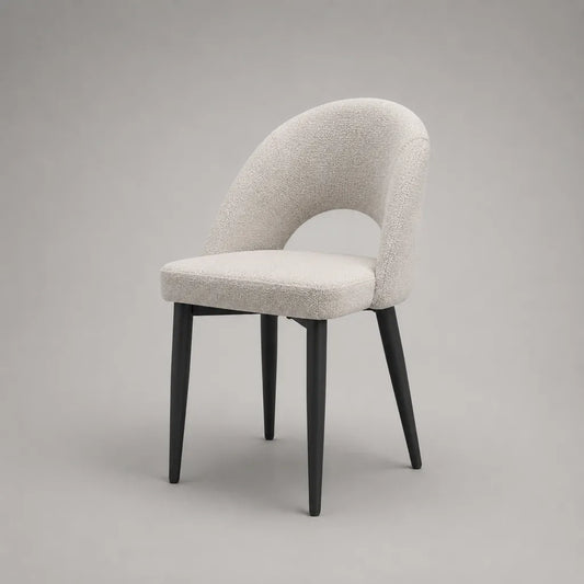 Sedia da pranzo imbottita in tessuto con gambe in acciaio, schienale curvo, bianco crema e nero, 55 × 58 × 82 cm