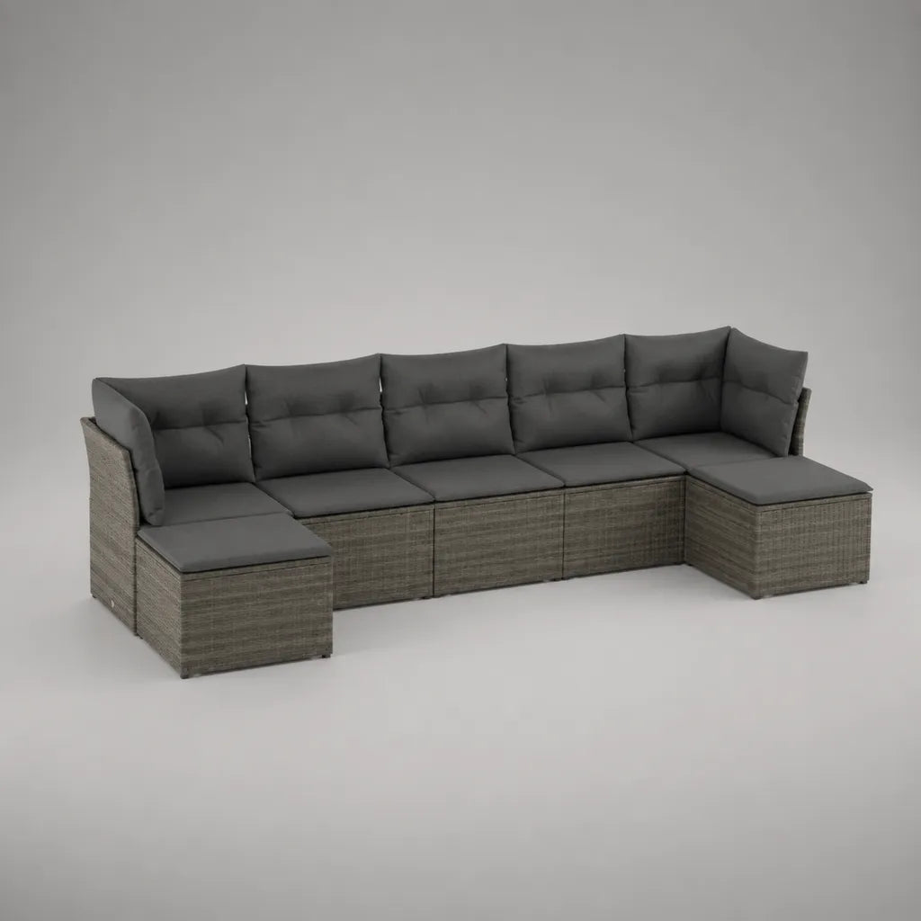 Set divano modulare da esterno a 6 posti in rattan e acciaio con cuscini grigio antracite, 380 × 140 × 72 cm