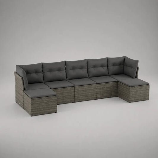 Set divano modulare da esterno a 6 posti in rattan e acciaio con cuscini grigio antracite, 380 × 140 × 72 cm