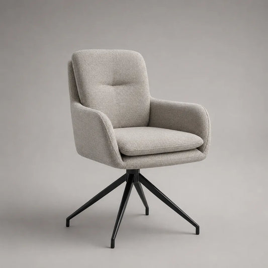 Sedia da pranzo girevole imbottita in poliestere beige con braccioli, schienale arrotondato e base in acciaio nero, 60 x 64 x 87 cm