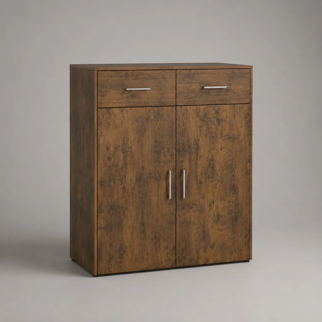 Credenza alta rettangolare in pannello truciolare melaminico marrone noce con 2 ante e 2 cassetti, 80 x 40 x 100 cm