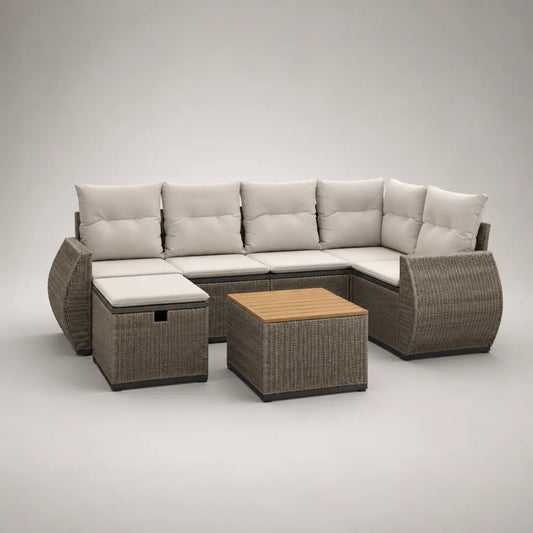 Set divano angolare da esterno a 6 posti con pouf e tavolino in polyrattan PE e acciaio, tortora e beige, 255 x 195 x 80 cm