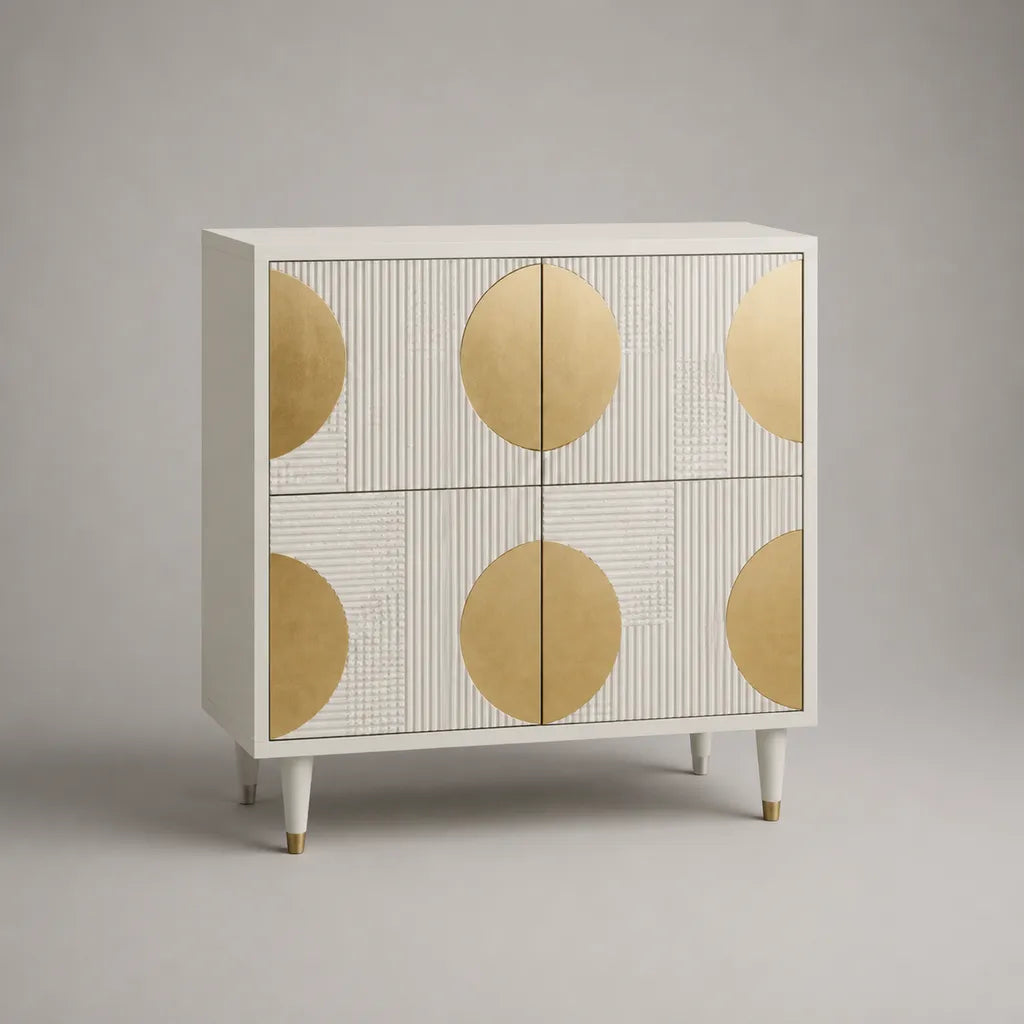 Credenza rettangolare a 4 ante in MDF melaminico bianco e color ottone, 100 x 40 x 106 cm
