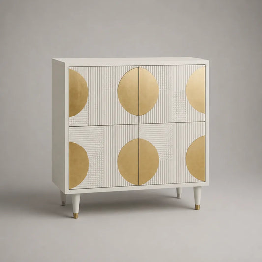 Credenza rettangolare a 4 ante in MDF melaminico bianco e color ottone, 100 x 40 x 106 cm