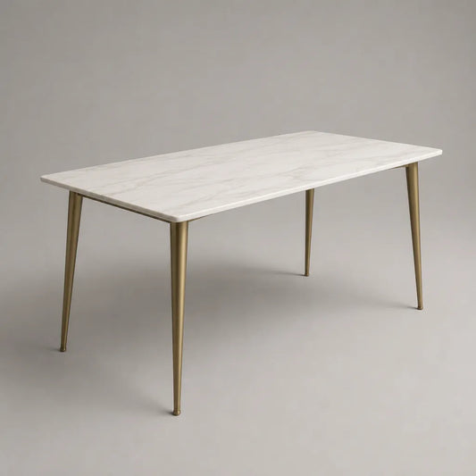 Tavolo da pranzo rettangolare in ceramica effetto marmo bianco con gambe in acciaio color ottone, 160 x 80 x 75 cm