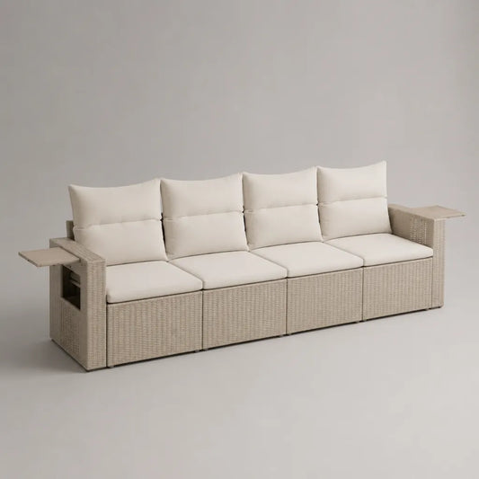 Divano modulare da esterno a 4 posti in polyrattan PE e acciaio, beige e crema, 300 × 75 × 84 cm