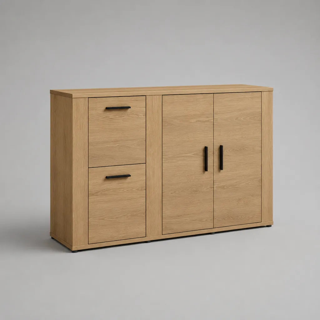 Credenza contenitore in legno con 2 ante e 2 cassetti, effetto rovere naturale e nero, 140 × 40 × 90 cm