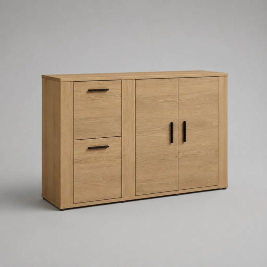 Credenza contenitore in legno con 2 ante e 2 cassetti, effetto rovere naturale e nero, 140 × 40 × 90 cm
