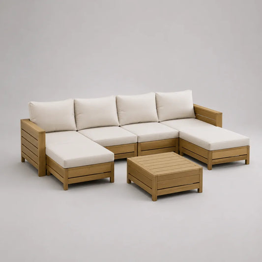 Set divano da giardino a U a 4 posti, 5 pezzi in legno massello con cuscini bianco crema, 264 × 160 × 72 cm