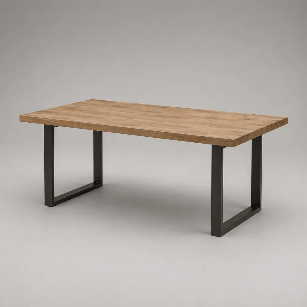 Tavolo da pranzo rettangolare in legno massello di acacia e acciaio nero, 160 × 80 × 76 cm