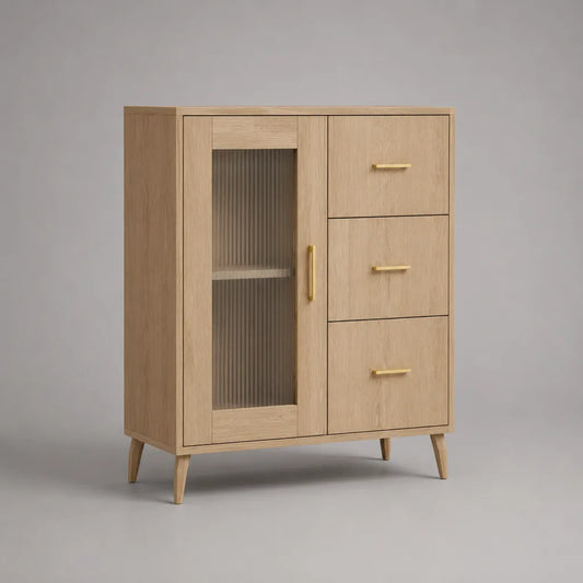 Credenza alta rettangolare in MDF impiallacciato rovere con anta in vetro scanalato e 3 cassetti, rovere naturale e oro, 90 × 40 × 115 cm