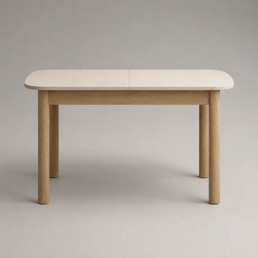 Tavolo da pranzo allungabile rettangolare in MDF e legno massello, avorio e rovere naturale, 120-160 x 80 x 75 cm