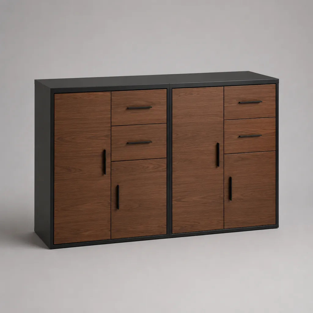 Credenza rettangolare con 4 ante e 4 cassetti in pannello truciolare melaminico, nero e noce, 160 × 40 × 100 cm