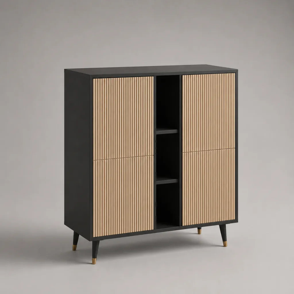 Credenza alta rettangolare a 4 ante in legno e metallo, nero e rovere naturale, 120 × 40 × 140 cm