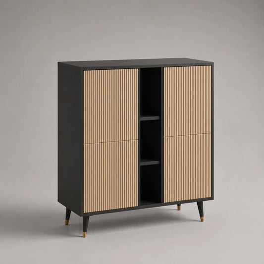 Credenza alta rettangolare a 4 ante in legno e metallo, nero e rovere naturale, 120 × 40 × 140 cm