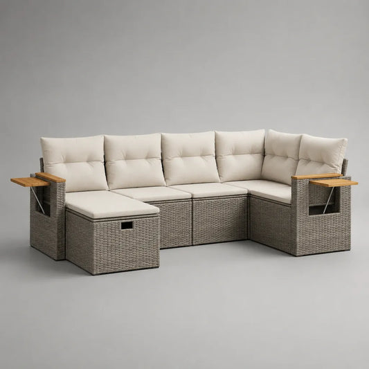 Set divano angolare modulare da giardino a 6 posti con pouf in polyrattan, metallo e legno, grigio tortora e beige, 257 × 193 × 74 cm