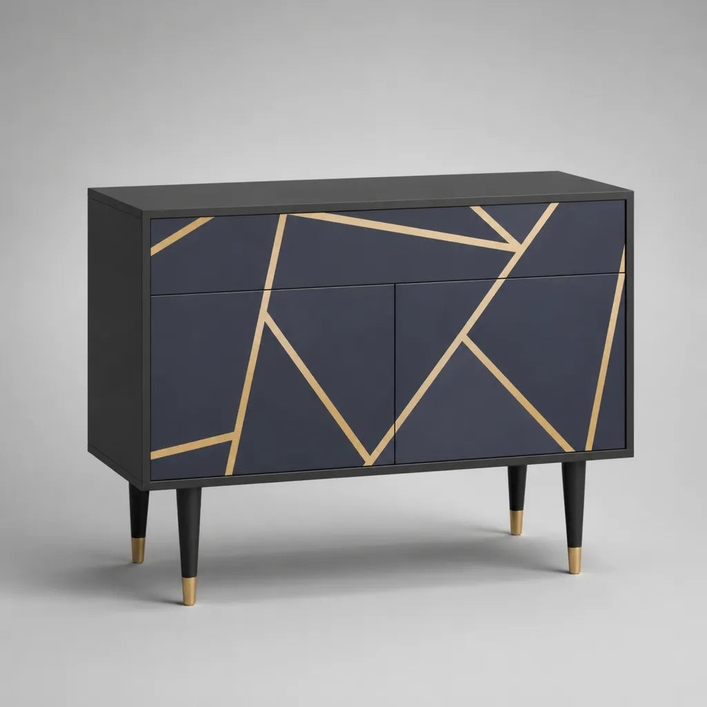 Credenza rettangolare a 2 ante e 1 cassetto in MDF e legno, antracite, oro e nero, 100 x 40 x 80 cm