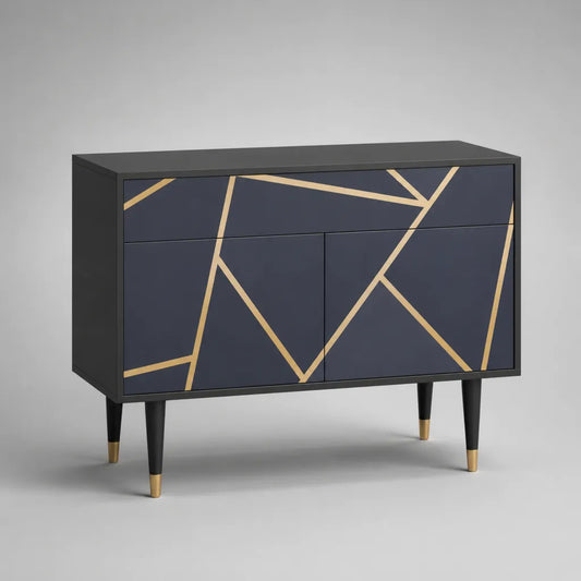 Credenza rettangolare a 2 ante e 1 cassetto in MDF e legno, antracite, oro e nero, 100 x 40 x 80 cm